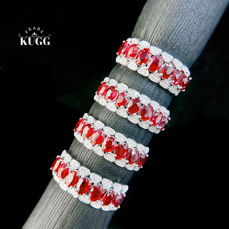 

KUGG 100% 18K White Gold Rings Luxury Vintage Style Shiny Diamond Natural Ruby Engagement Ring for Women High Gemstone Jewelry