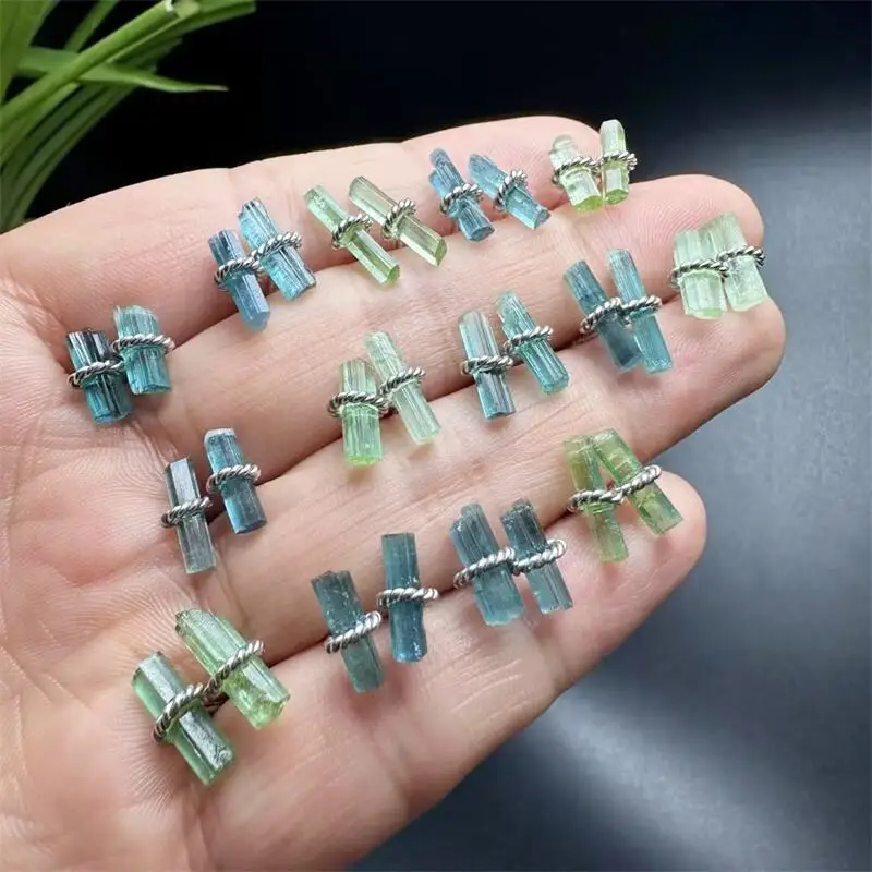 

S925 Natural Blue Tourmaline Stud Earrings Healing Stone DIY Accessories Holiday Birthday Holiday Gift 1SET