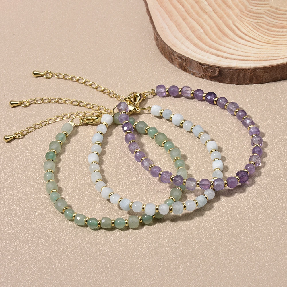Natural Stone Amethyst Black Spinel Prehnite Moonstone Faceted Cubes and Round Beads Bracelet For Women Jewelry