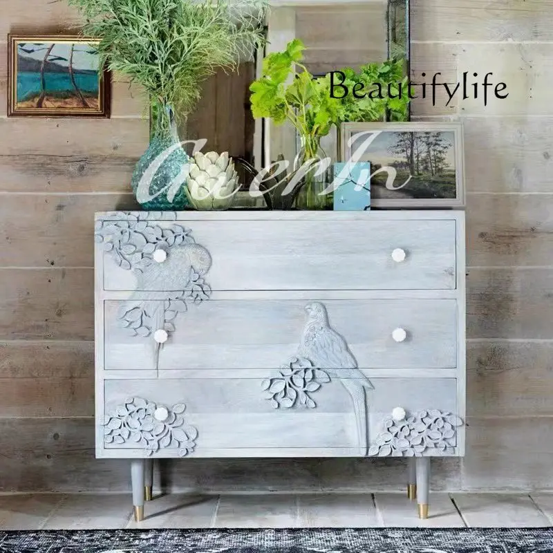 

French retro solid wood simple modern engraving American light luxury home entrance cabinet fully equipped with advanced sense