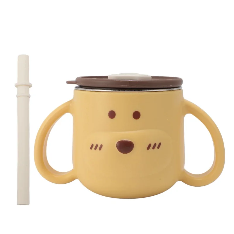 Toddler Insulation 316L Stainless Steel Cup With Straw Double Walled Dual Handles Cute Baby Insulated Cup Yellow