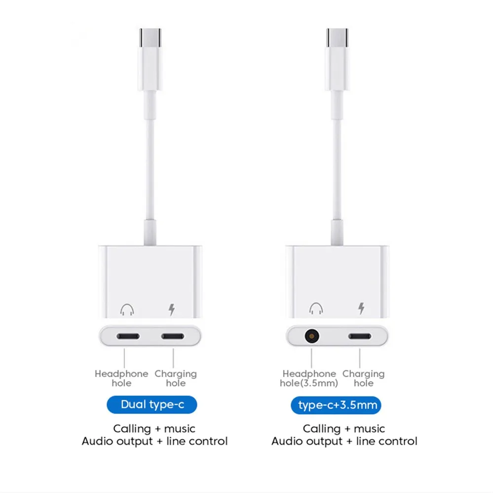 USB C para Type-C Audio Adapter, 3.5mm Aux Cable, Wired Headphones Connector, 3.5mm Jack, Samsung, Xiaomi, Huawei, 2 em 1