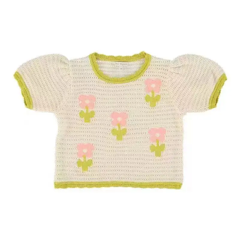 bebe ss25 kids knit tees and shorts clothing sets girls cute flower embroidery dress clothing t shirts tops