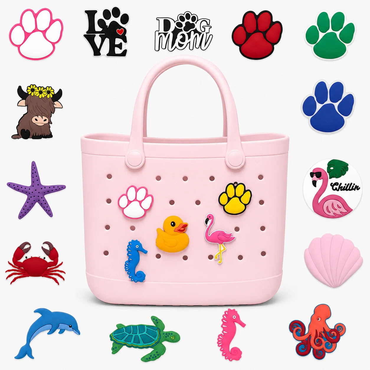 1/20pcs Cute Animal & Ocean Theme Bag Charms Set DIY Decorative Pins Paw Print Flamingo Seahorse Tote Women Handbag Accessories