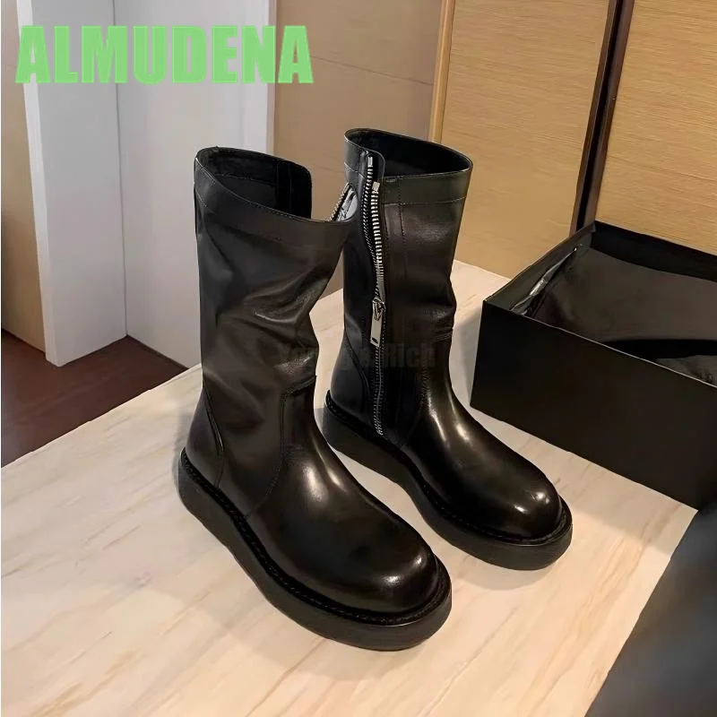 

Black Thick Soled Boots Round Toe Knight Boots Side Zipper Design Minimalist Style Height Increasing Long Tube Boots
