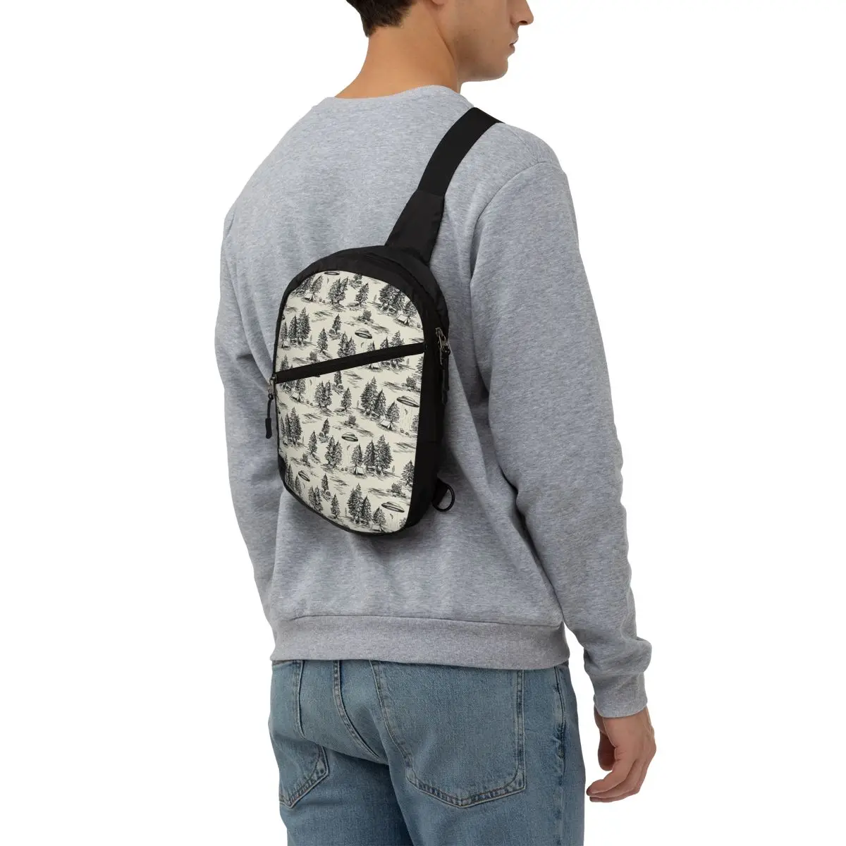 Black Alien Abduction Toile De Jouy Pattern Chest Bag Men Sling Crossbody Backpack Chest Bag Hiking Daypack Shoulder Bag