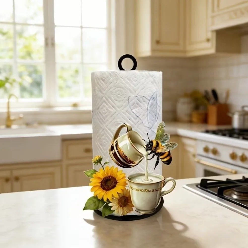 2D Flat Acrylic Roll Paper Towel Holder Sunflower Floral Wooden Base Vertical Napkins Rack Decorative Freestanding