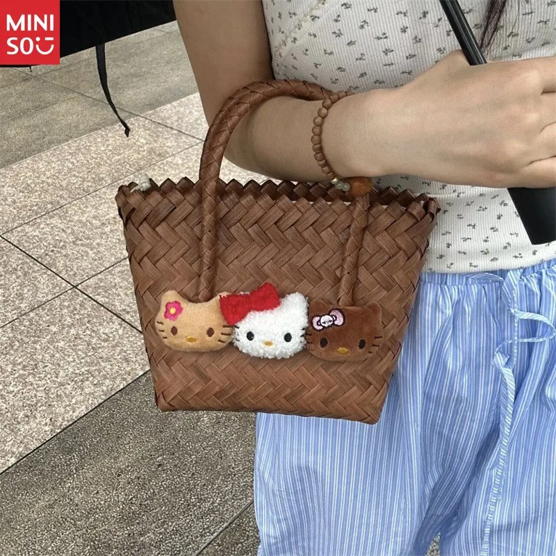 Miniso Hello Kitty Retro Woven Handbag, Fake Rattan Basket Purse for Beach Gift & Daily Use