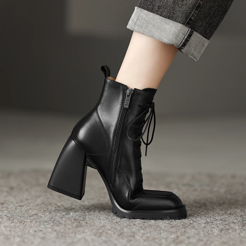 Autumn/Winter Women Boots Square Toe High Heel Shoes for Women Black Leather Boots Women Lace Up Handemade Shoes Botas De Mujer