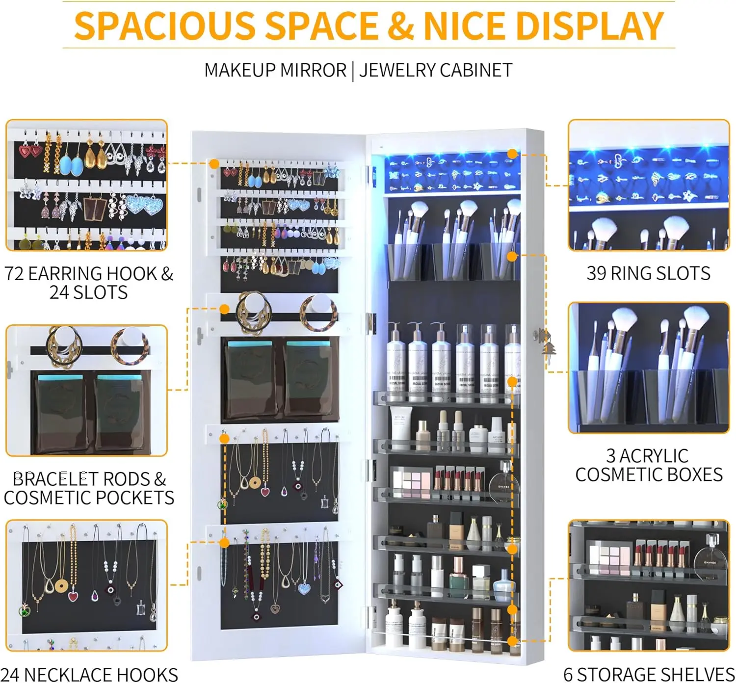 خزانة مرآة LED معلقة على الباب، خزانة تنظيم المجوهرات المثبتة على الحائط، مرآة مضاءة كاملة الطول مع مساحة تخزين المجوهرات، 3