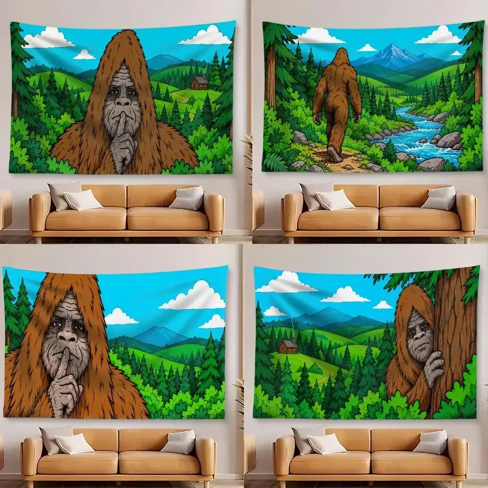 Bigfoot Forest Adventure Tapestry Aesthetic Wall Tapestry Microfiber Fabric Backdrop Boho Decor for Bedroom Living Room Dorm