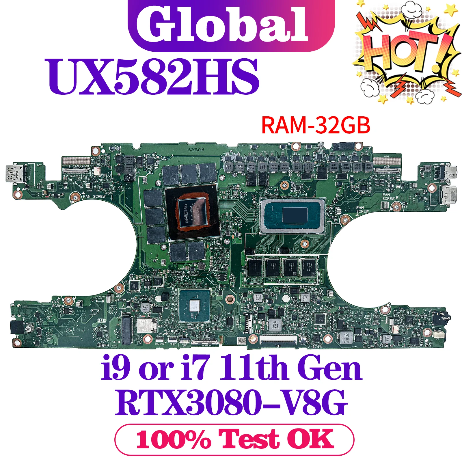 

KEFU UX582 Mainboard For ASUS UX582HS UX582HM RX582HS RX582HM UX582H Laptop Motherboard i7 i9 11th RAM-16GB/32GB RTX3060 RTX3080