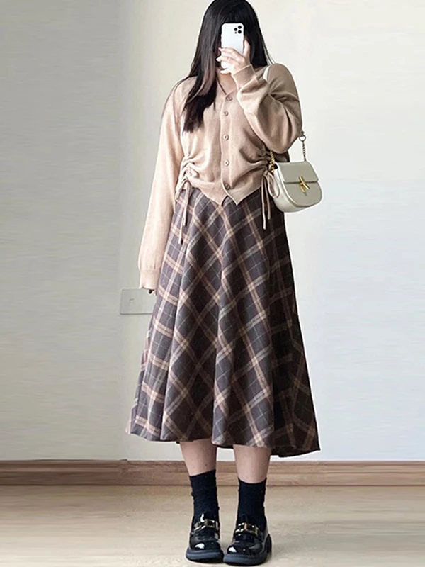 

Женская модная шерстяная юбка-миди А-силуэта с высокой талией в клетку для осени и зимы, больших размеров, стройнящая, фасона «зонтик»