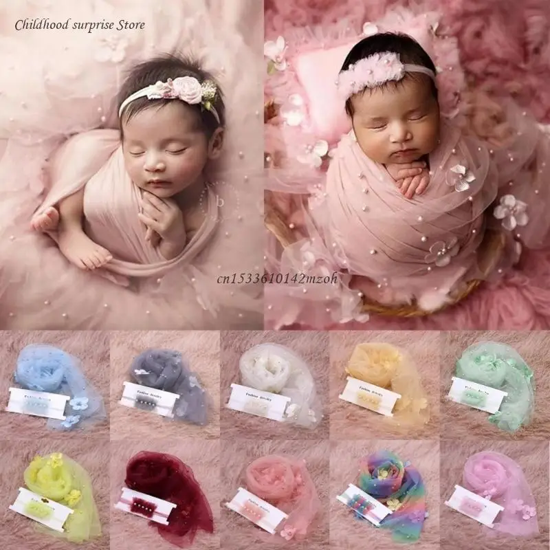 2Pcs Newborn Baby Photography Props Long Wrap Beads Flower Decoration DIY Photo Props Blanket with Headbands Dropship