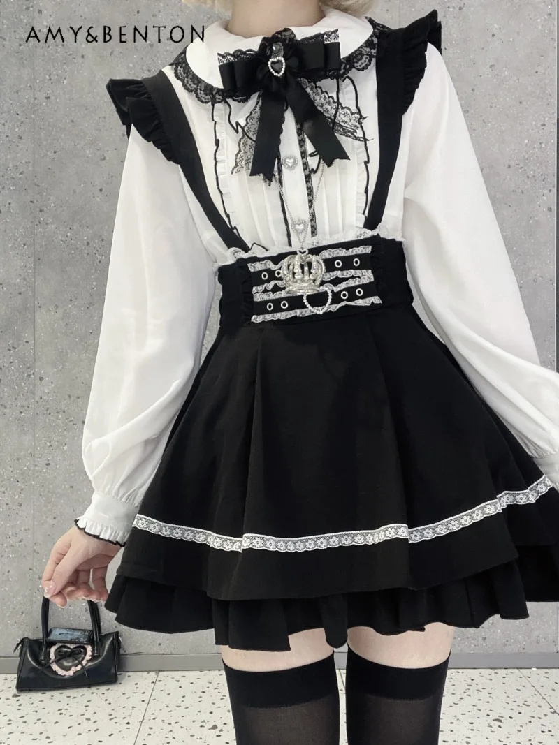 

Lolita Skirt Women's Japanese Mine Series Mass-produced Strap Skirts Cute Ruffle Lace Love Buckle High Waist Mini Skirt Women