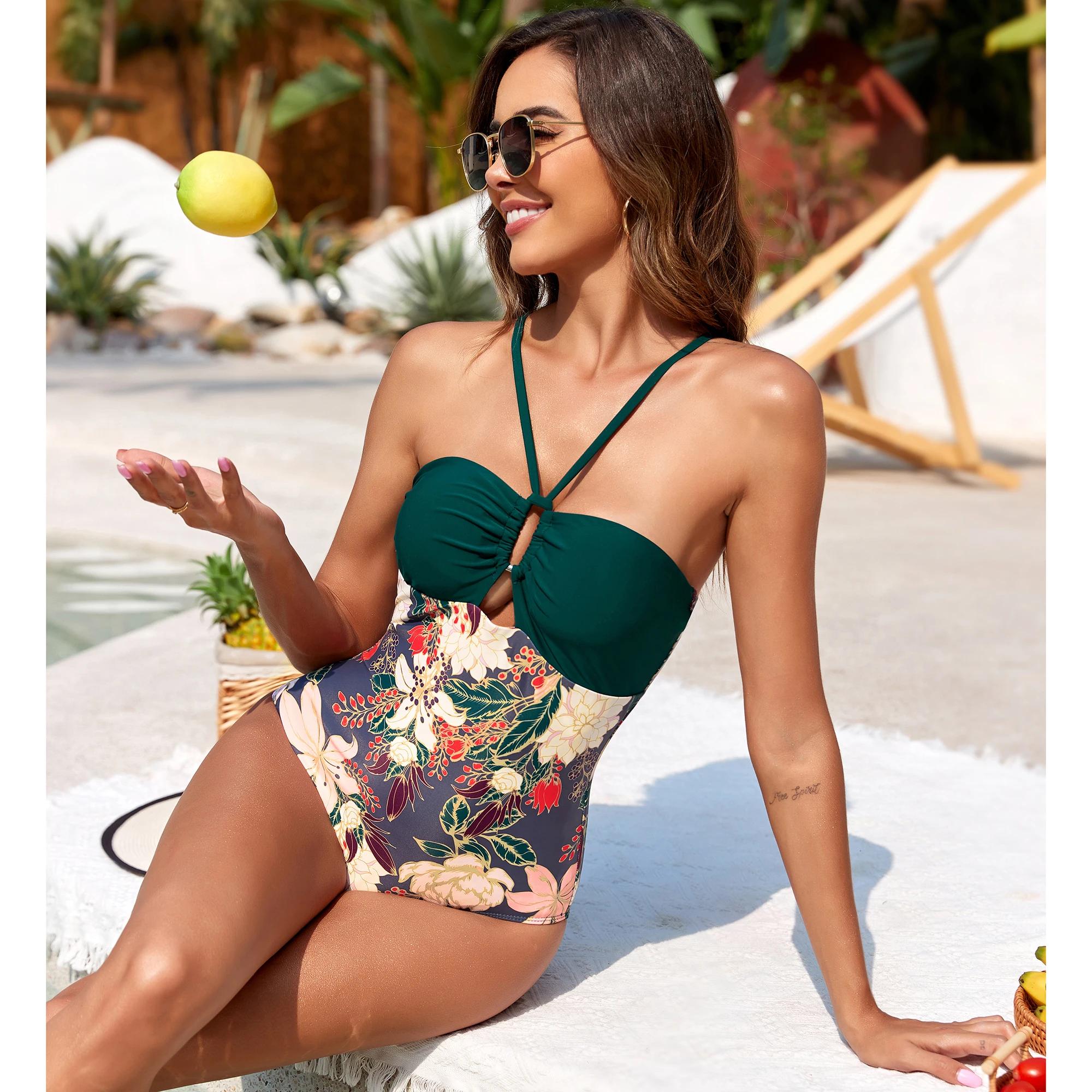 New printed hollow backless lace-up one-piece swimsuit women's gauze skirt two-piece set
