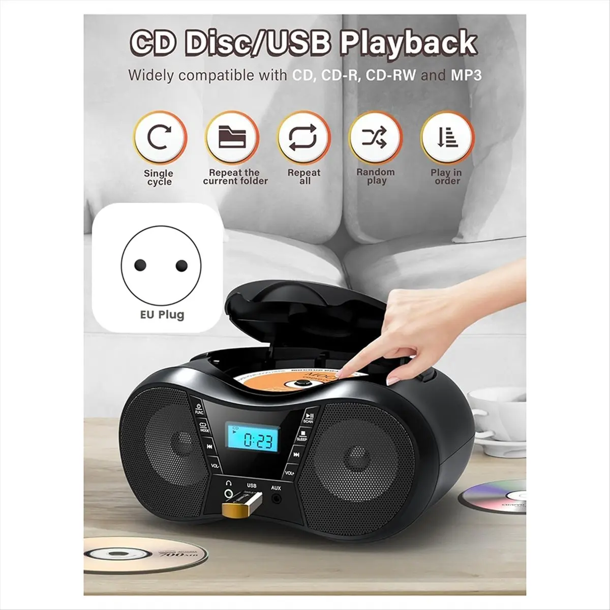 M05K Portable CD Player Bluetooth CD Player AM/FM Radio Stereo Player, Compatible for CD/CD-R/RW Radio for Home(EU)