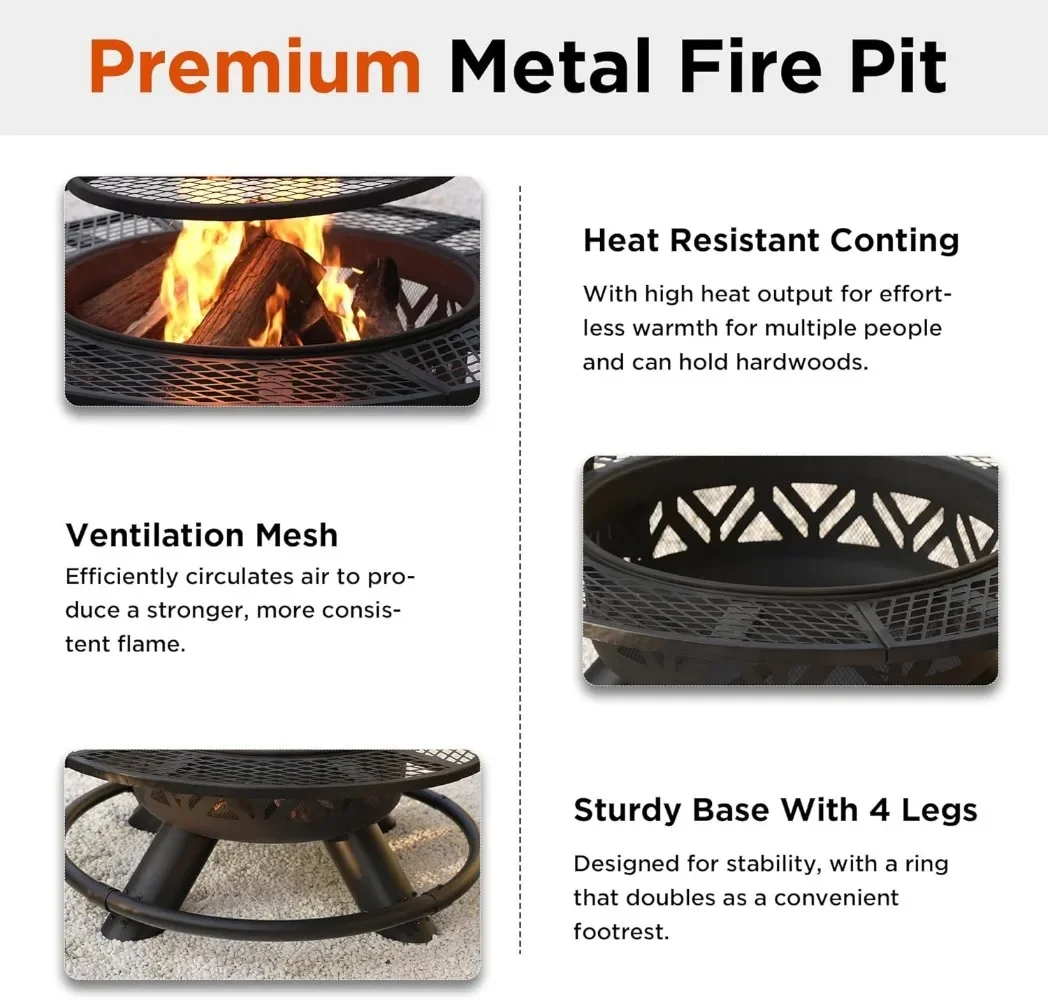 47" Fire Pit Table with Adjustable Grill Top, Safety Ring, Cooking Grate, Steel Wood Burning Fire Pit Table