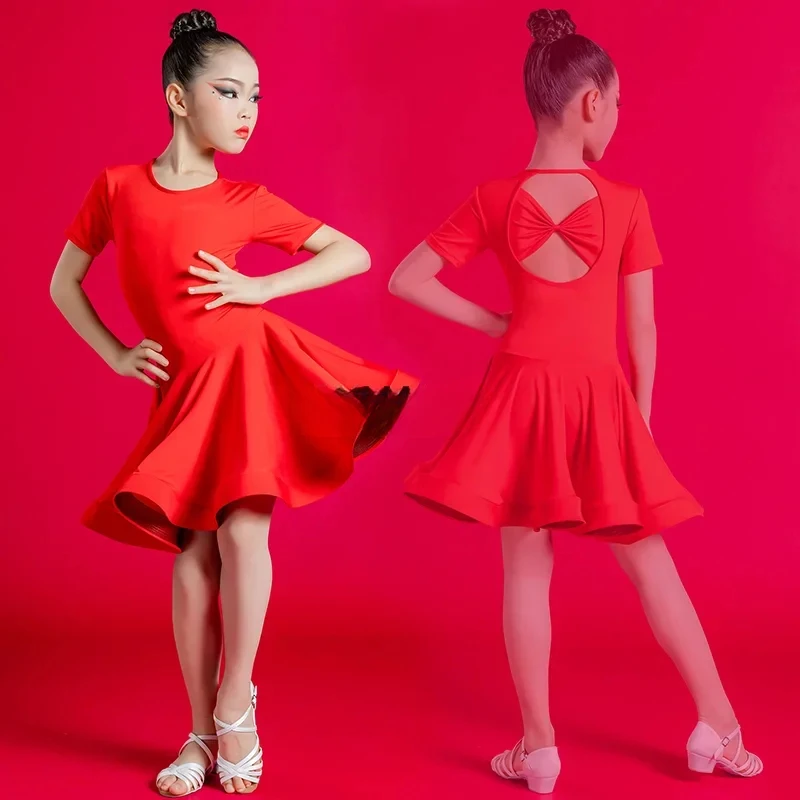 Girl Latin Dance Dress Ballroom Children Dance Costume Salsa Black Red Kids Tango Dresses Dancing Stage Performance Clothing