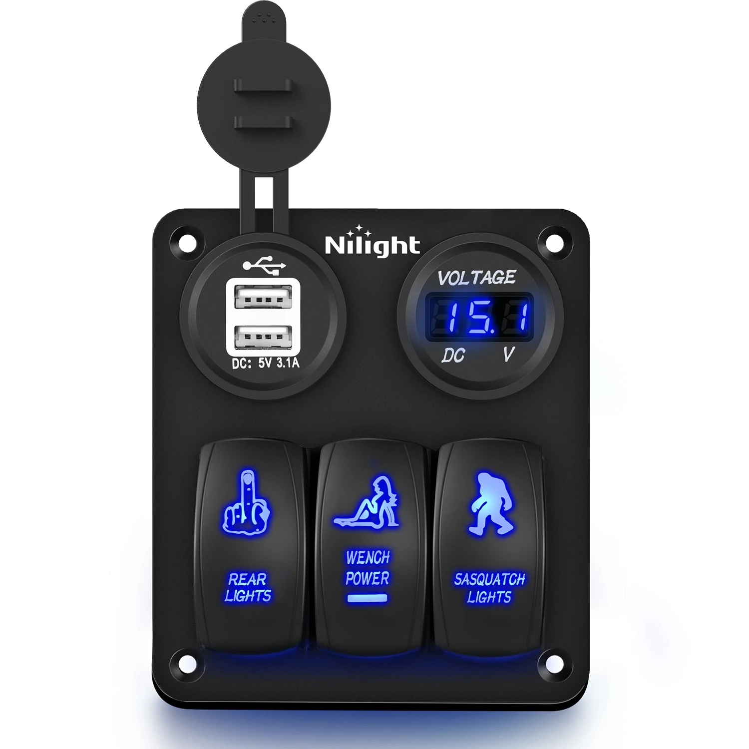 Nilight ３ Gang Rocker Switch Panel with USB Charger and Cigarette Lighter 12V 24V Toggle LED Light Bar Rear Lights Rock Switches for Cars Rvs Trucks