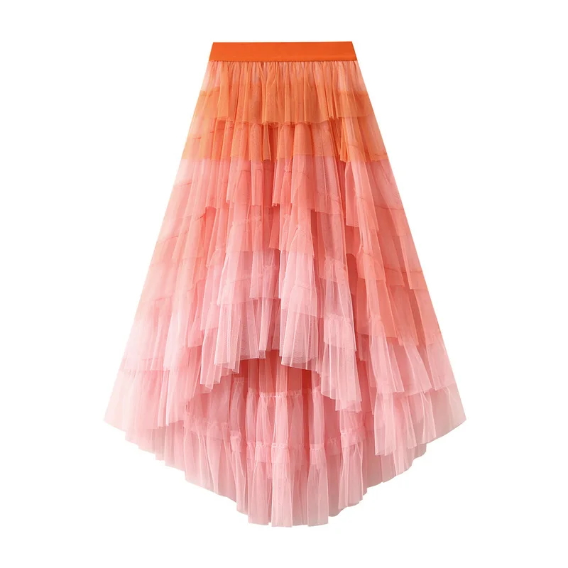 Women's Tulle Skirt Ruffle Multilayer Mesh A Line Tier Tutu Prom Irregular High Waisted Gradient Rainbow TulleLong Skirt 1379