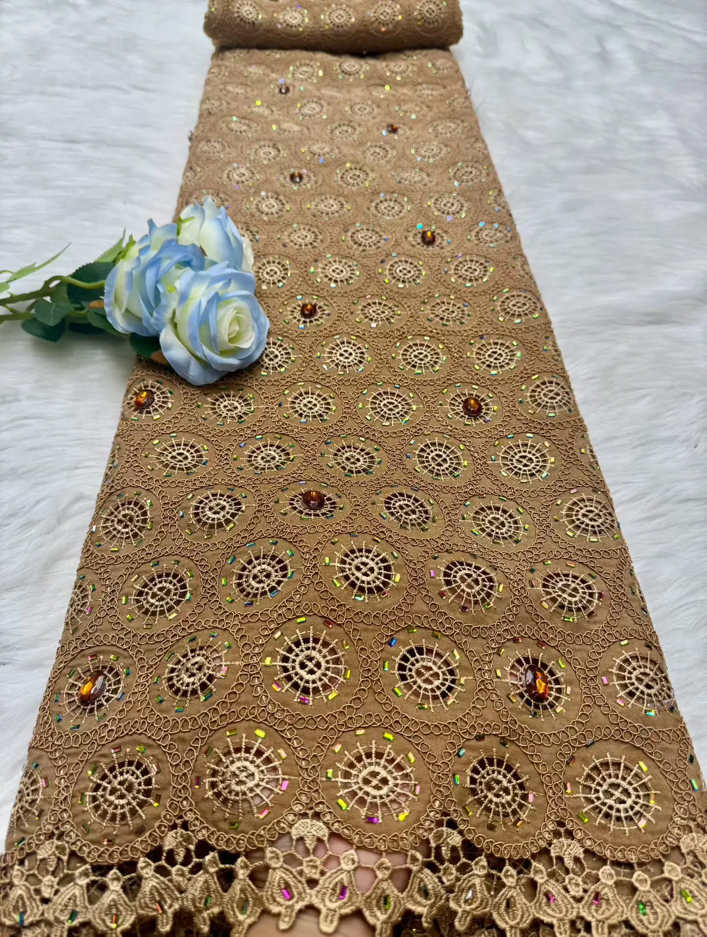 Luxury Stones African Lace Fabric 2026 High Quality Cotton Embroidery Rhinestone Linen Prom Dresses Tulle Design 5 Yards H194-1
