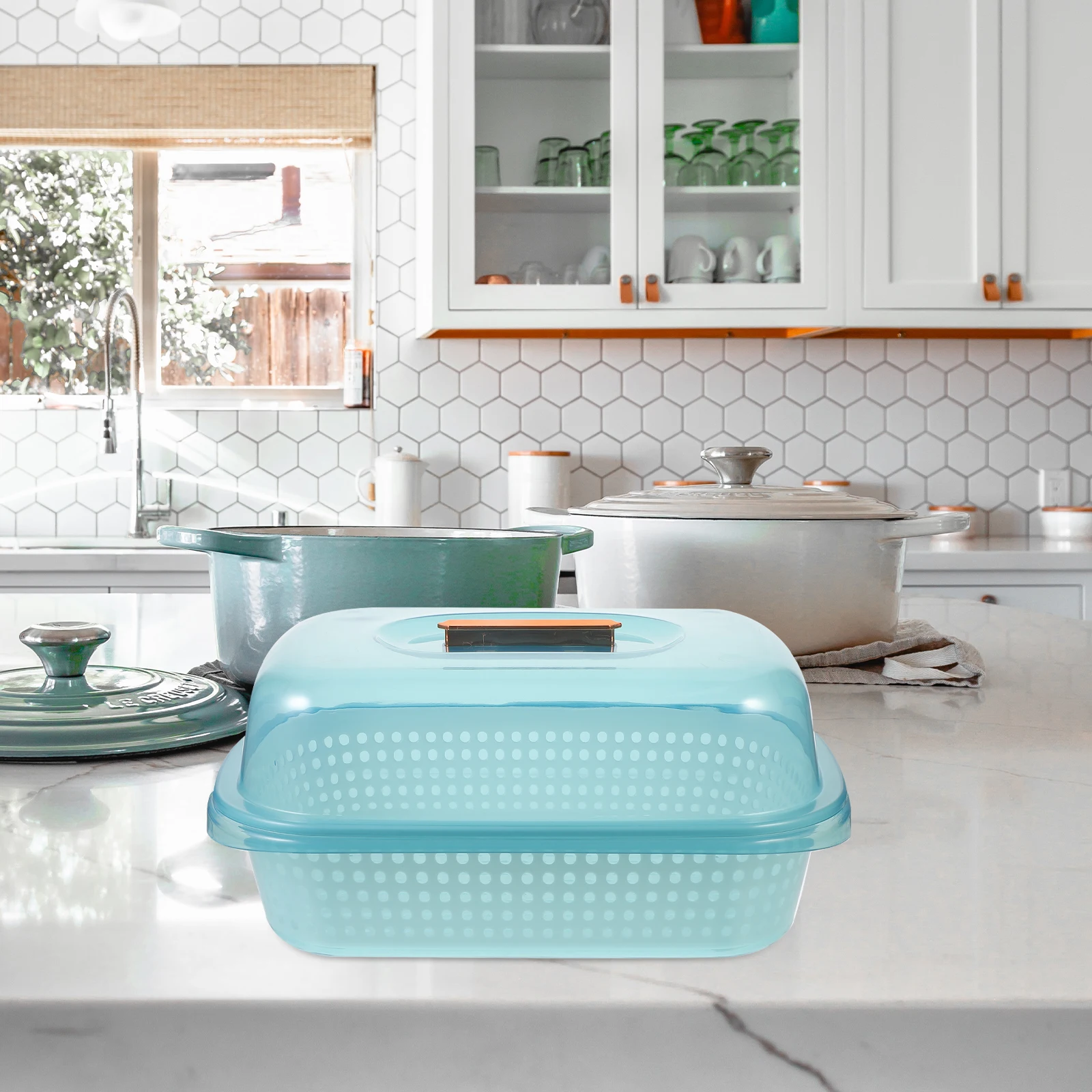 

Kitchen Drain Basket Vegetable Washing Basin Pp Draining Bowl Fine Holes Strainer Fruit Cleaning Colander Storage Container Blue