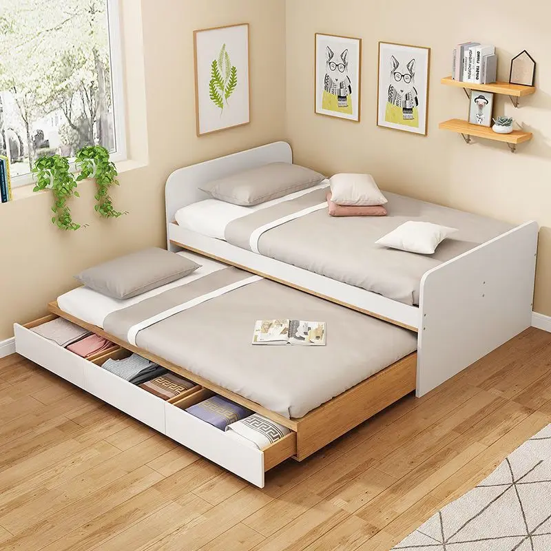 Multifunctional mother and child bed integrated trailer double layer telescopic storage drawer bed