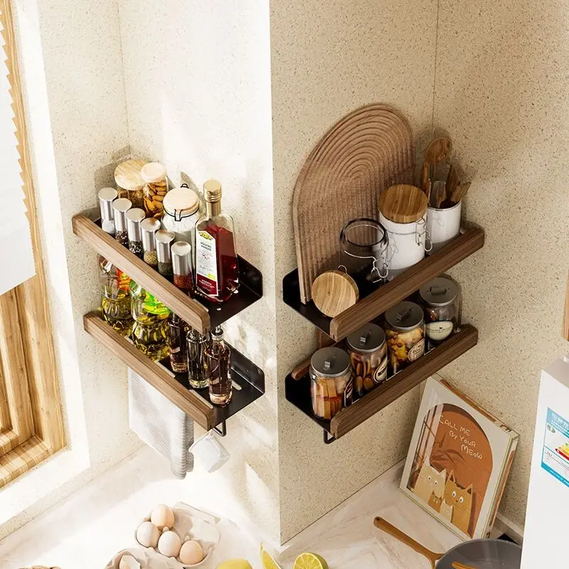 Bathroom shelf Black aluminum wood shelf Bathroom Cosmetic shelf kitchen wall shelf Kitchen seasoning rack cup rack（no glue）