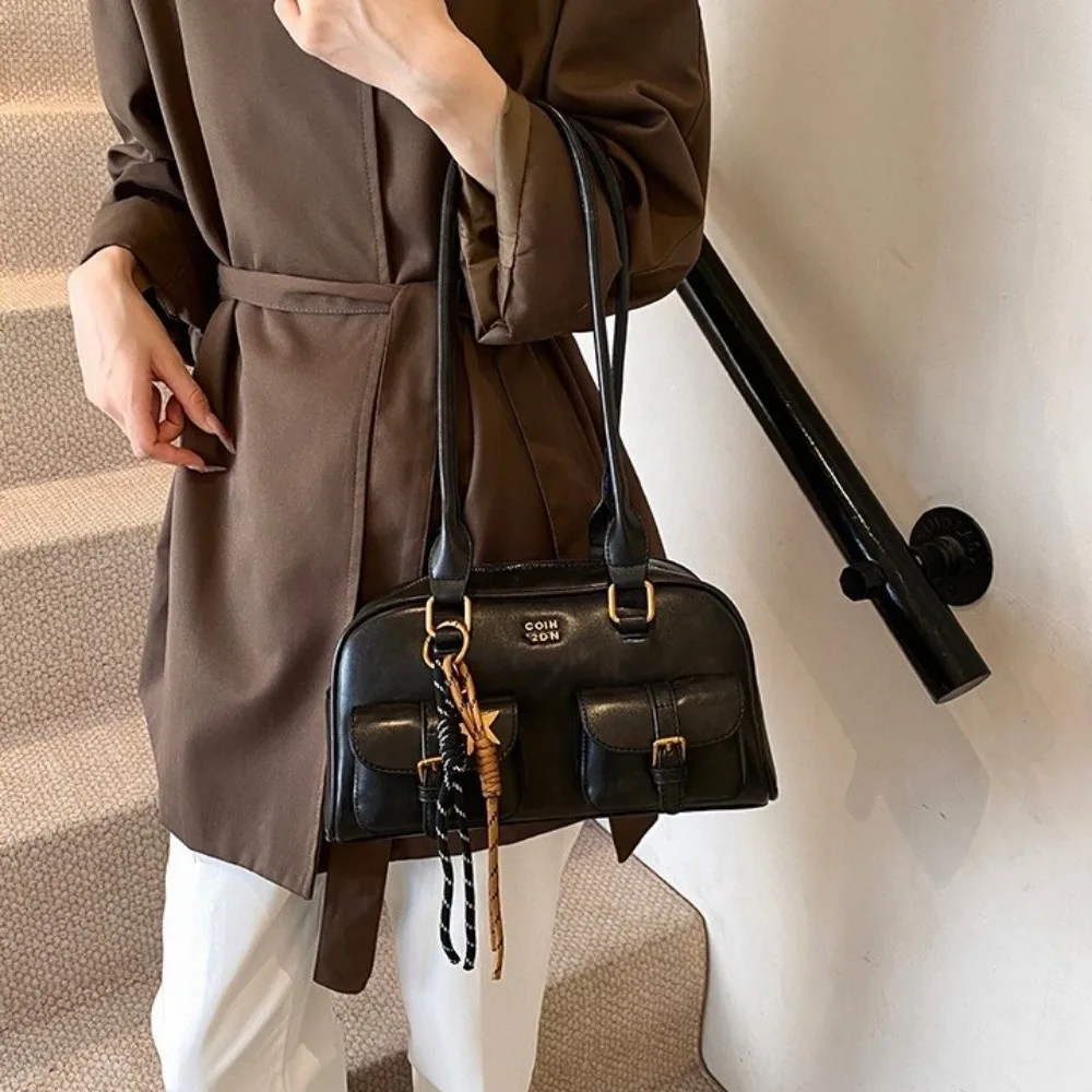 

Portable JK Leather Shoulder Bag Solid Color Handheld Bowling Bag PU Leather Multifunction Hobo Bag Travel