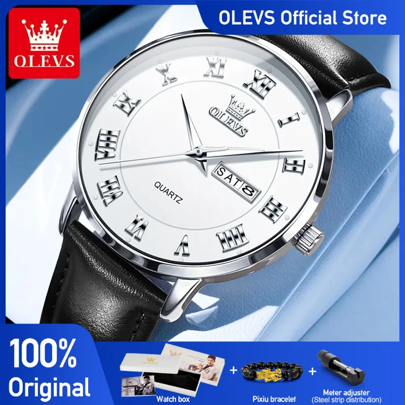 OLEVS Men\'s Watches Casual Fashion Simple Original Wristwatch for Man Comfortable Leather Strap Waterproof Luminous Date Week