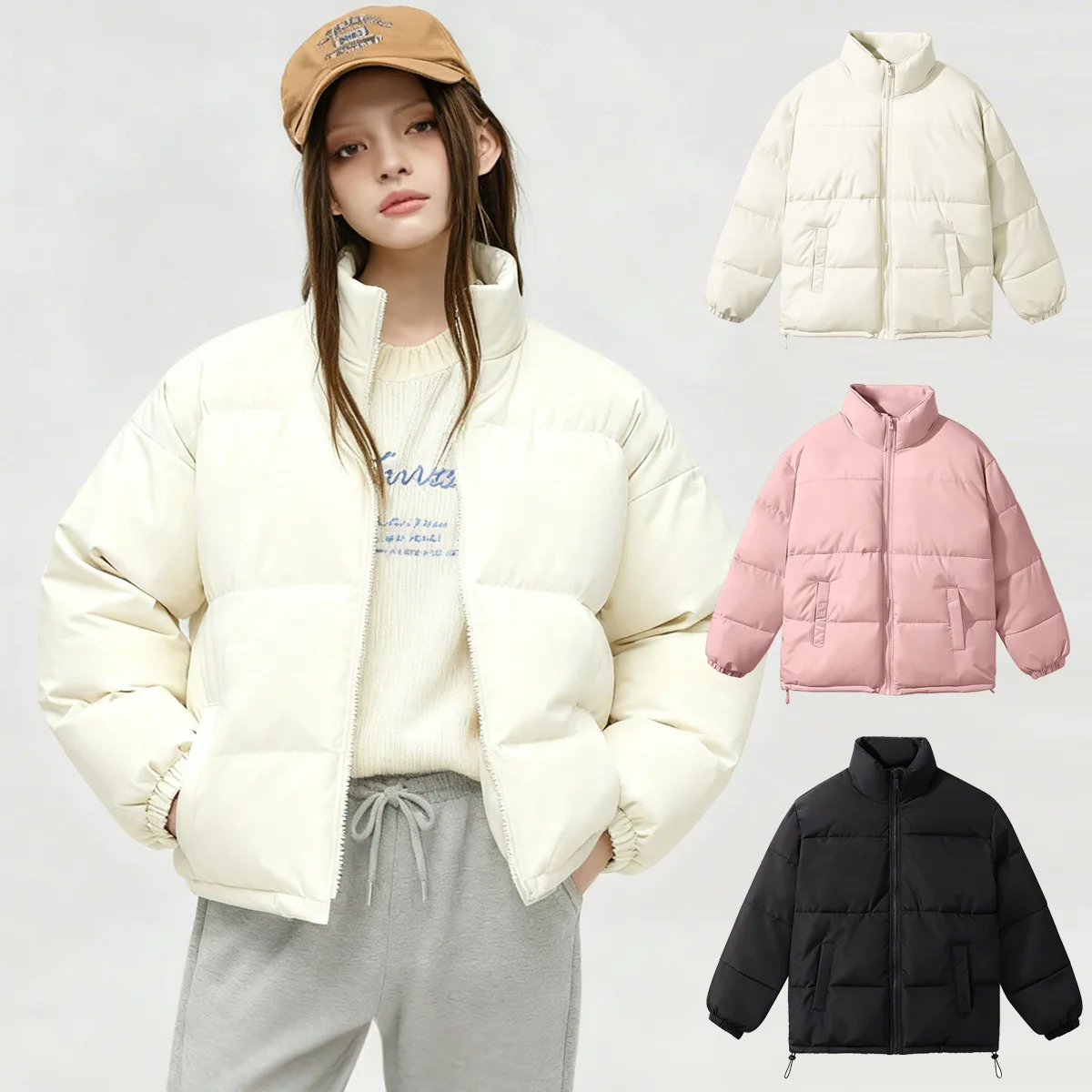 

Thiened Zipper Sle Cotton Jaet Stand Collar Warm Pure Color Versatile Winter Outerwear for Women Knitted Winter Coat
