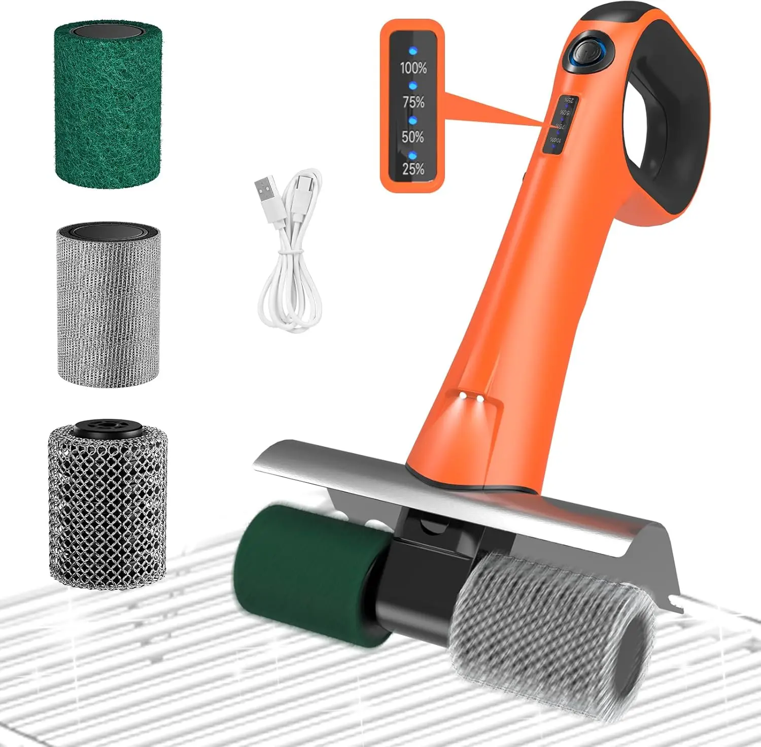 

Cordless Rechargeable Grill Brush with LED Light, 3 Brush Heads, No Bristles, Orange - Perfect Grilling Gift for Men