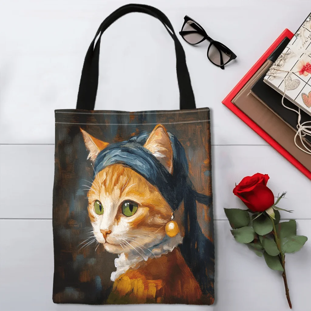 Women S Tote Bag With Artistic Cat Pearl Earring Design Fashionable Shoulder Bag For Shopping Daily Use And Holiday Gifts