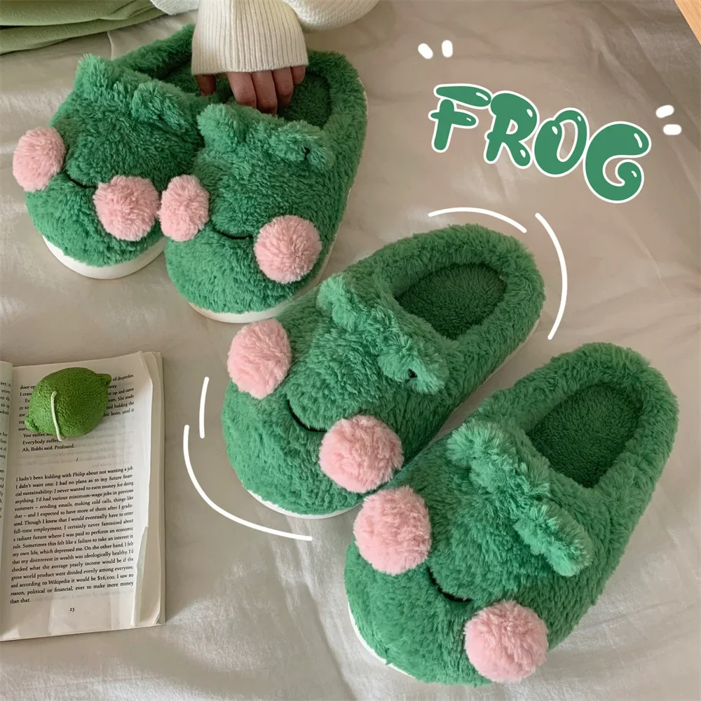 Cute Green Frog Fluffy Faux Fur Slippers, Women Winter Closed Toe Plush Home Slippers,  Animal Cozy Memory Foam Slides Shoes