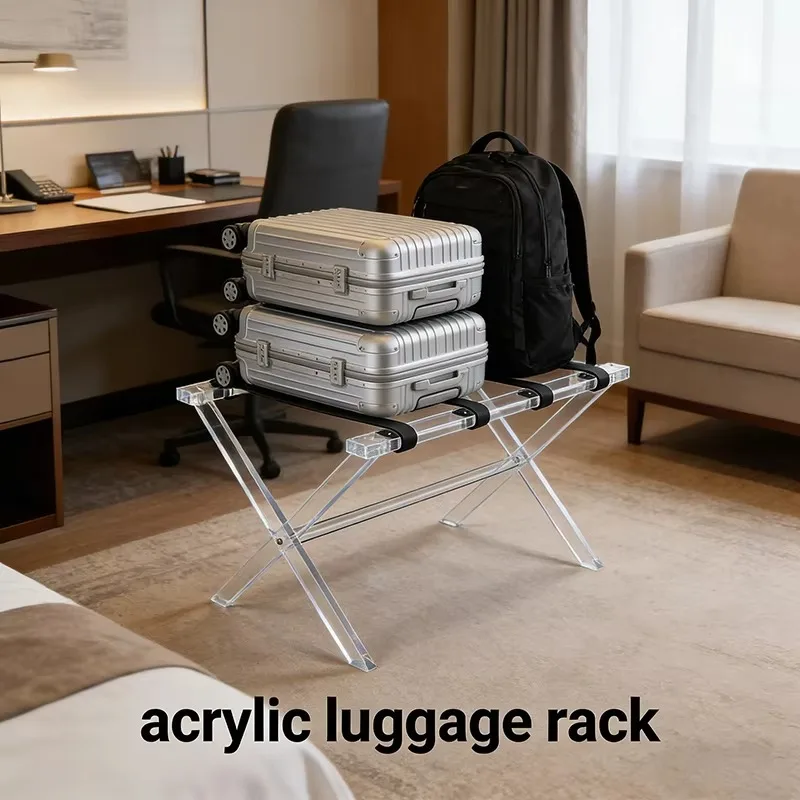 Wholesale Clear  Acrylic Luggage Stand With Foldable Suitcase Stand Heavy-Duty Leather Straps for Bedroom Living Room for Hotel