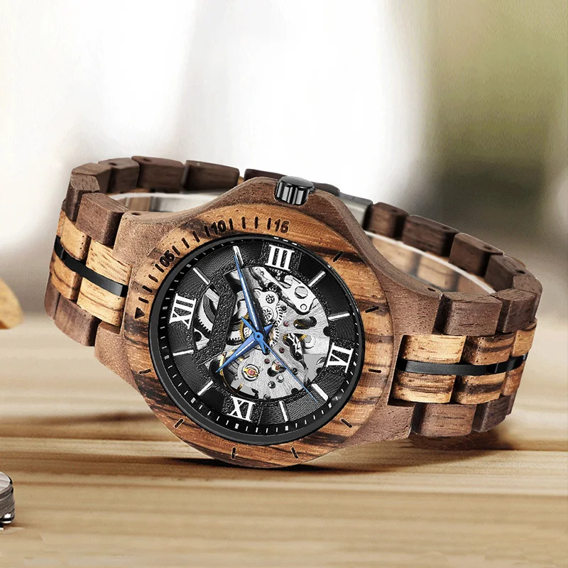 

KUNHUANG Wooden Strap Automatic mechanical Watch Stylish & Precise Timepiece for Trend setters man‘s fashion skeleton wristwatch