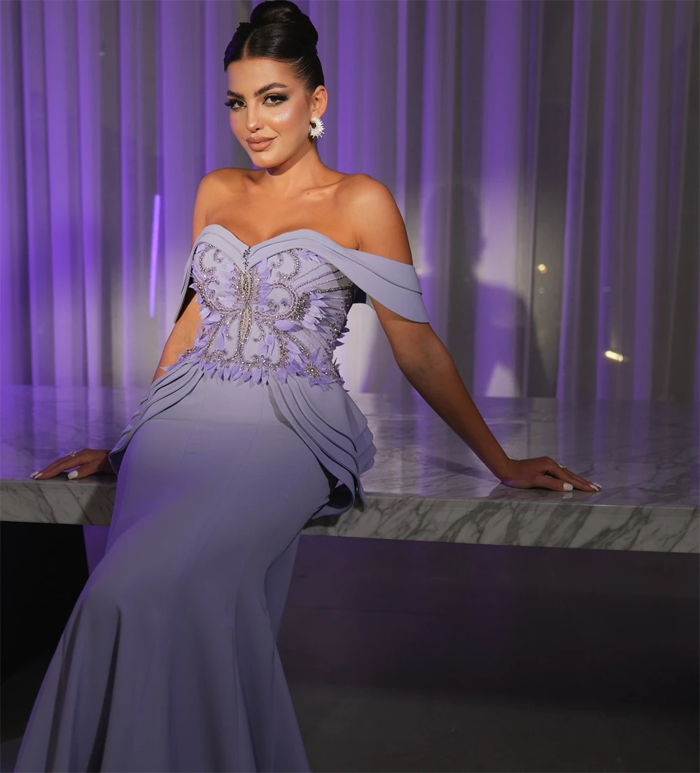 

Customized Mermaid Simple Blue Jersey Evening Dresses Fashion Off the Shoulder Celebrity Gowns Soft Special Occasion Gowns