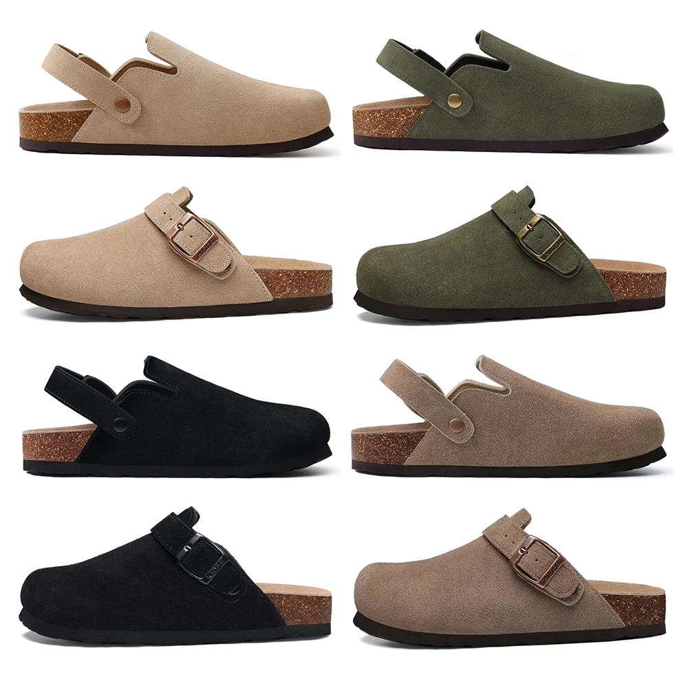 Crestar Women's Suede Clogs with Adjustable Strap Fashion Cork Footbed Genuine Leather Mules New Comfort Slip on Potato Shoes