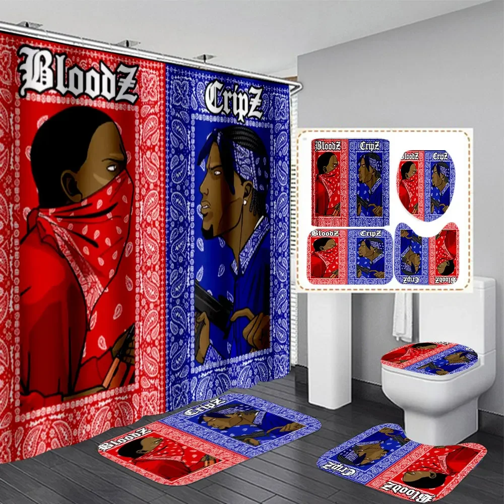 Blood Gang & Crips Gang  3D Printed  Shower Curtain Waterproof Bathroom Curtain Anti-slip Bath Mat Set Toilet Rugs Carpet Home