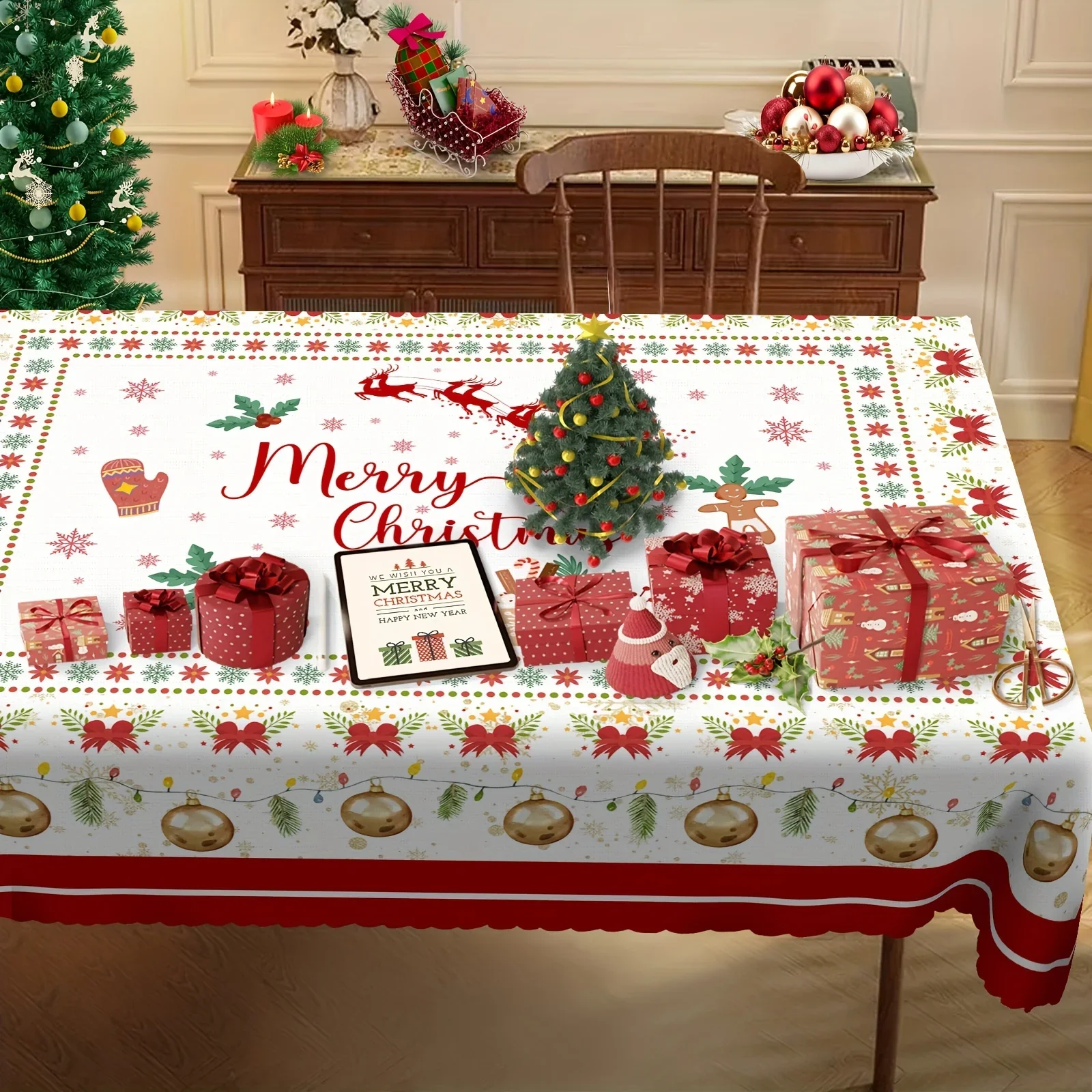 Christmas Bell Socks Gingerbread Man Rectangle Tablecloth Holiday Party Decor Reusable Xmas Table Cloth Christmas Decorations