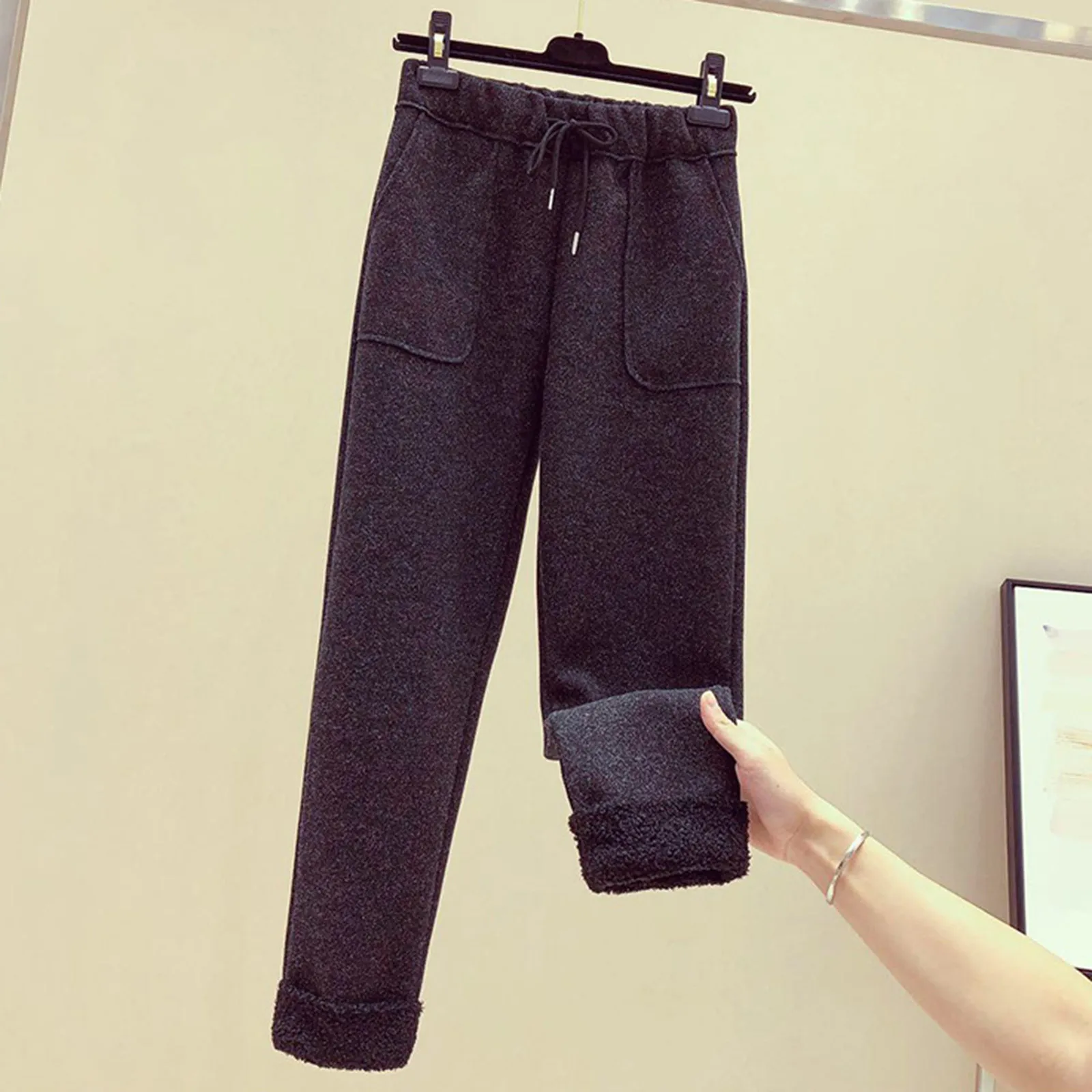 2024 Autumn Winter Women Fleece Lined Pants Casual High Waist Thermal Straight Long Pants Female Plush Warm Pocket Trousers Wear