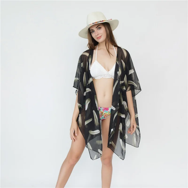 

A lady's summer travel feather pattern kimono cardigan bikini blouse