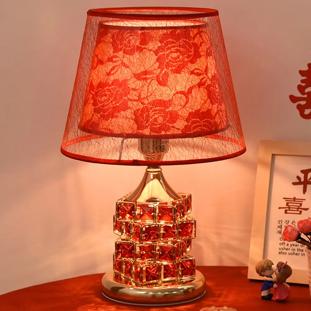 

Wedding Crystal Bedroom Table Lights Polished Chrome Base Fabric Red table light Living Room Romantic Desk Lights