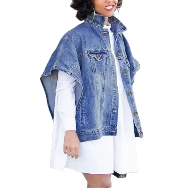 Fashion Shawl Sleeveless Denim Jacket Women Outerwear Female Vintage Lapel Single-breasted Cardigan Coat Casual Trend Streetwear