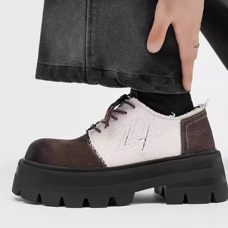 European/American Designers High-end Canvas Splicing Derby Shoes for Men's Casual Breathable Comfortable Height Increasing Shoes