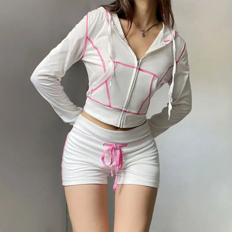 Sports Zipper Sweatshirt + Shorts Two-Piece Set For Women Spring And Autumn Jacket Hot Girl American Casual Top Two-Piece Set