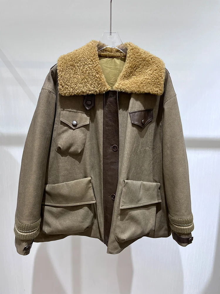 2025 herbst Winter frauen Natürliche Echte Lamm Schafe Pelz Kragen Denim Gans Unten Jacke Outwear Luxus Weibliche Puffer Mantel