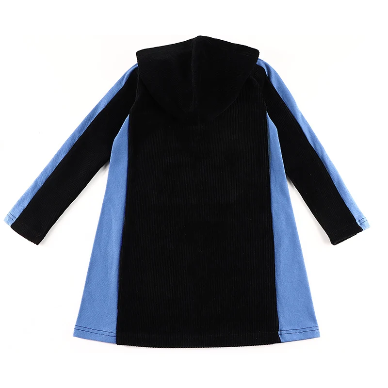 Girls dress black corduroy dress side denim panel long sleeves girls clothes cangroo pocket family set outfit hoodie clothing