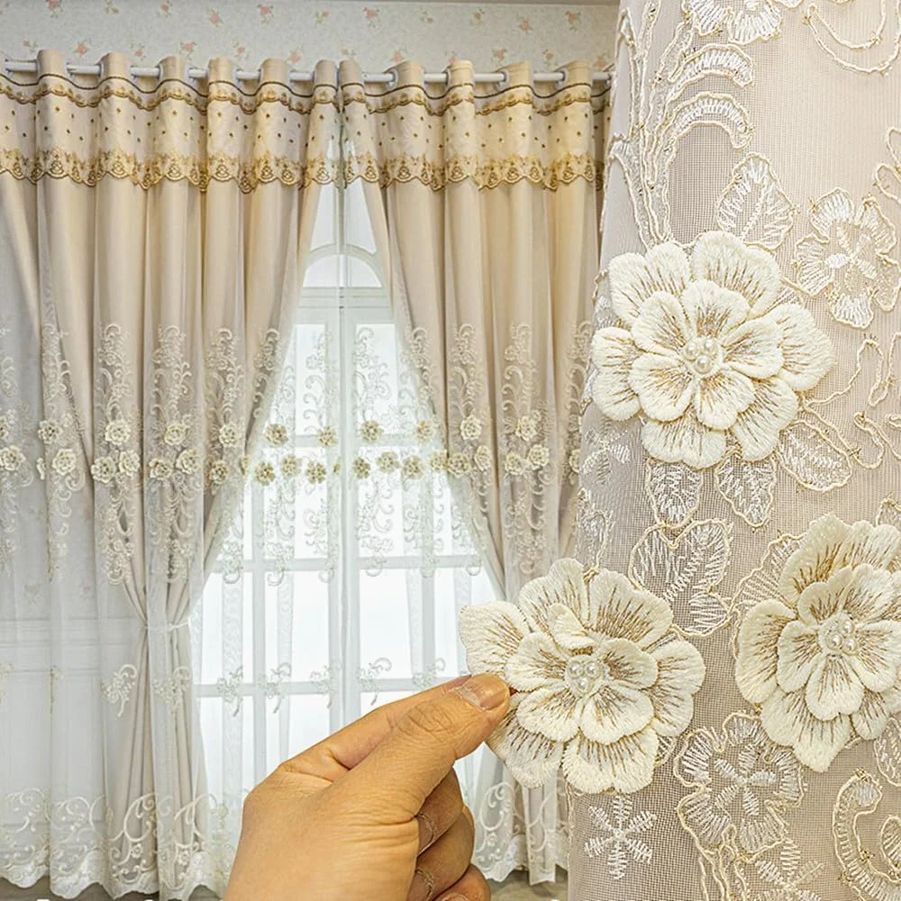 2 Panels Luxury Embroidered Double Layer Curtains, European Style 3D Floral Romantic Lace Embroidery, Fabric And Sheer Integrated Design, Blackout Curtains for Living Room Bedroom, Compatible with French, American, Suitable for Balcony, Home Office
